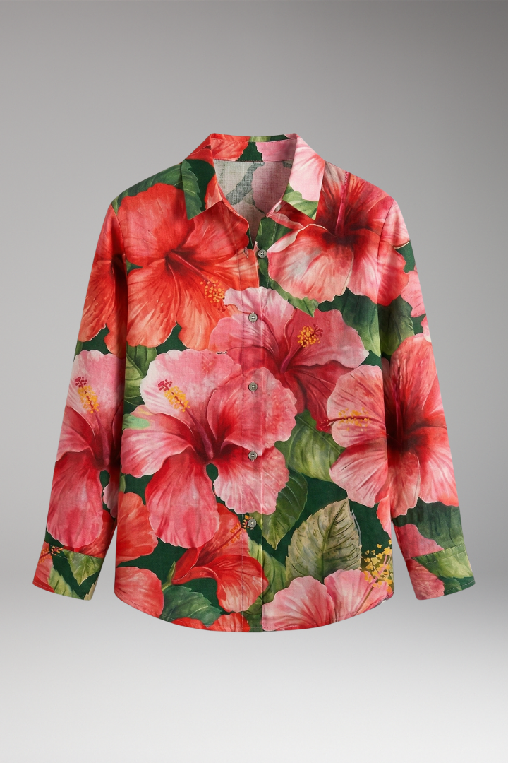 Women's Button-Down Blouse with Floral Print and Rolled-Up Sleeves