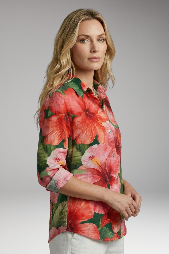 Women's Button-Down Blouse with Floral Print and Rolled-Up Sleeves