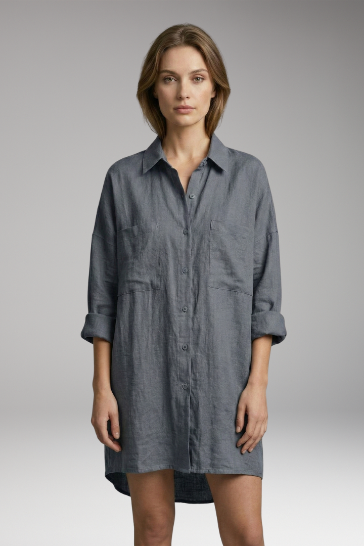 Women's Button-Down Blouse with Front Pockets and Long Sleeves