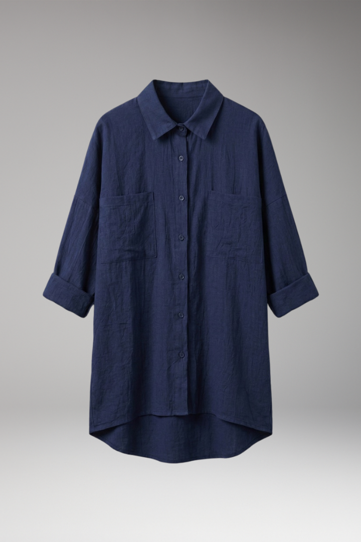 Women's Button-Down Blouse with Front Pockets and Long Sleeves