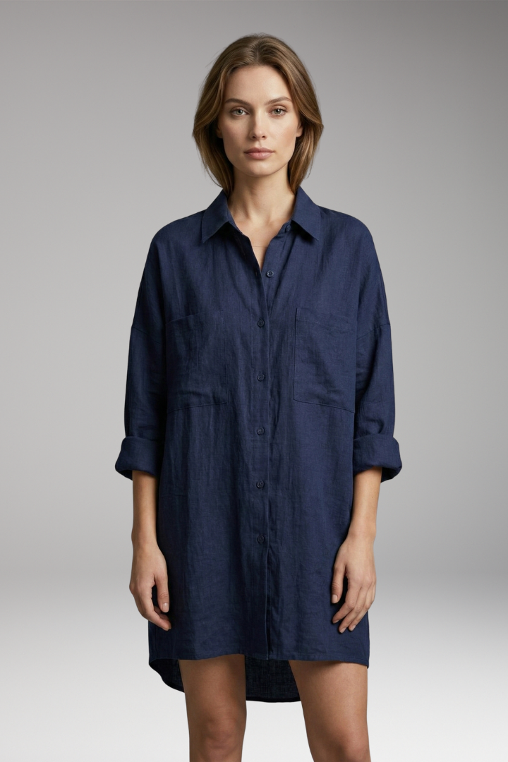 Women's Button-Down Blouse with Front Pockets and Long Sleeves