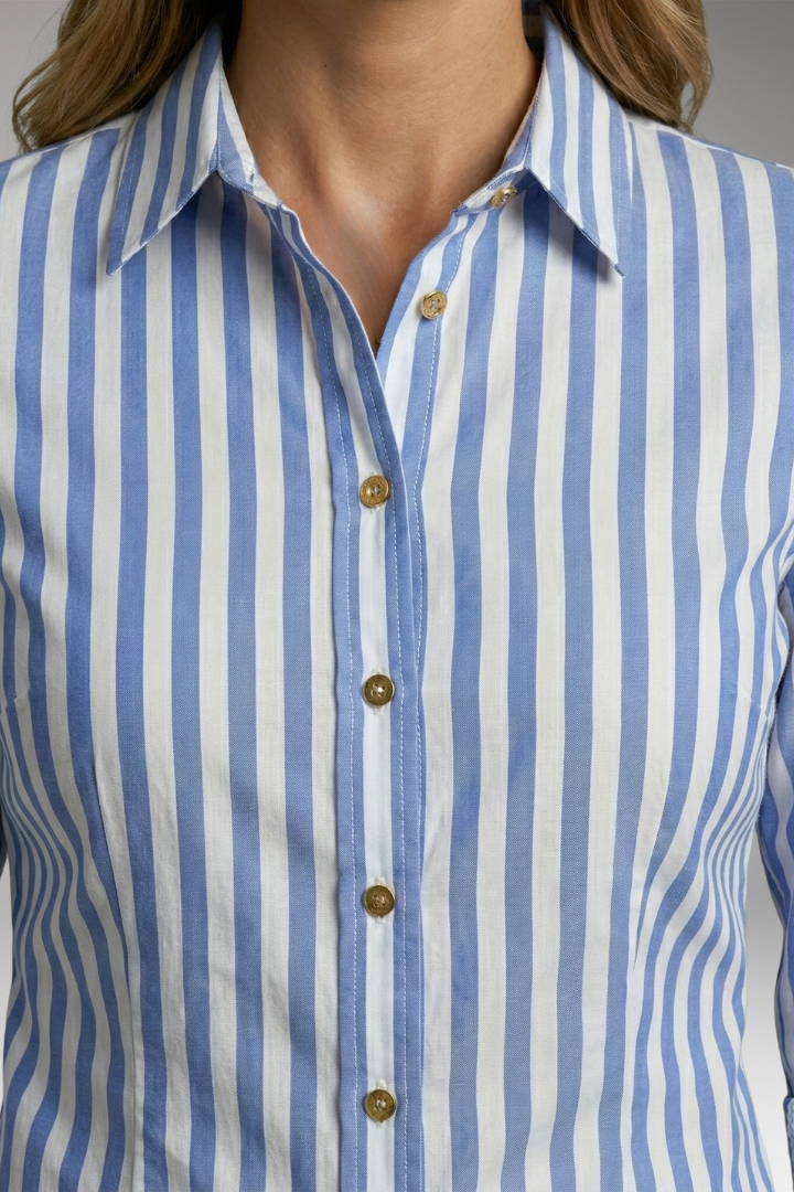 Women's Button-Down Blouse with Nautical Stripes and Rolled Sleeves