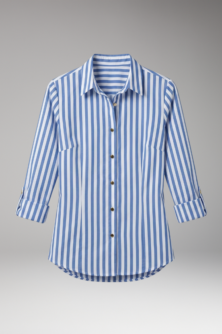 Women's Button-Down Blouse with Nautical Stripes and Rolled Sleeves