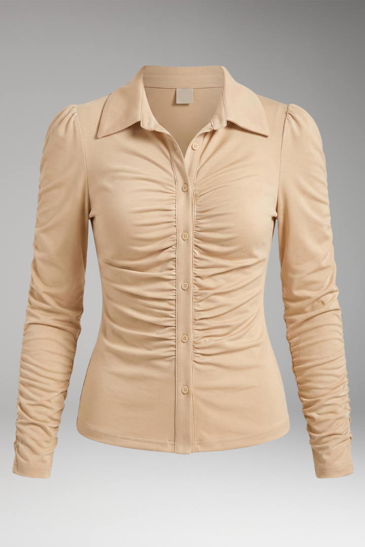 Women's Button-Down Blouse with Ruching Detail and Fitted Silhouette