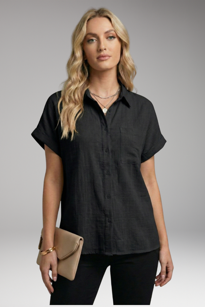 Women's Button-Down Blouse with Short Sleeves and Front Pocket