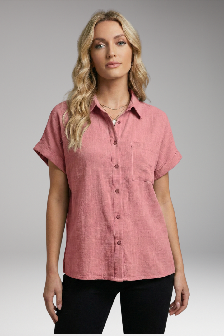 Women's Button-Down Blouse with Short Sleeves and Front Pocket