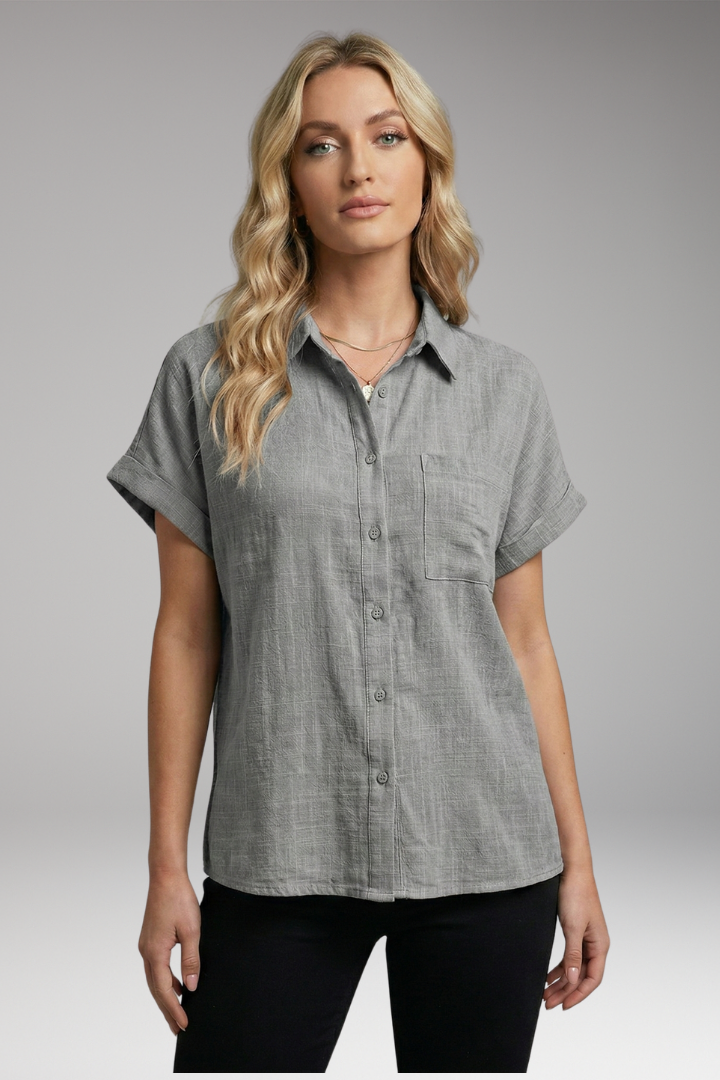 Women's Button-Down Blouse with Short Sleeves and Front Pocket