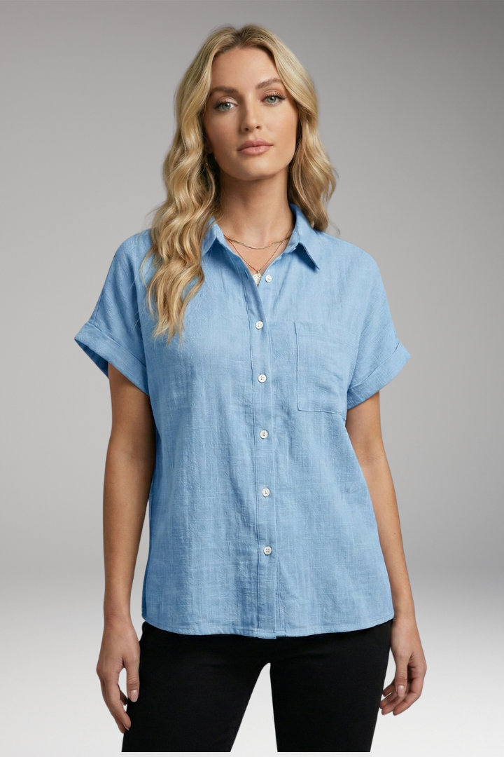 Women's Button-Down Blouse with Short Sleeves and Front Pocket