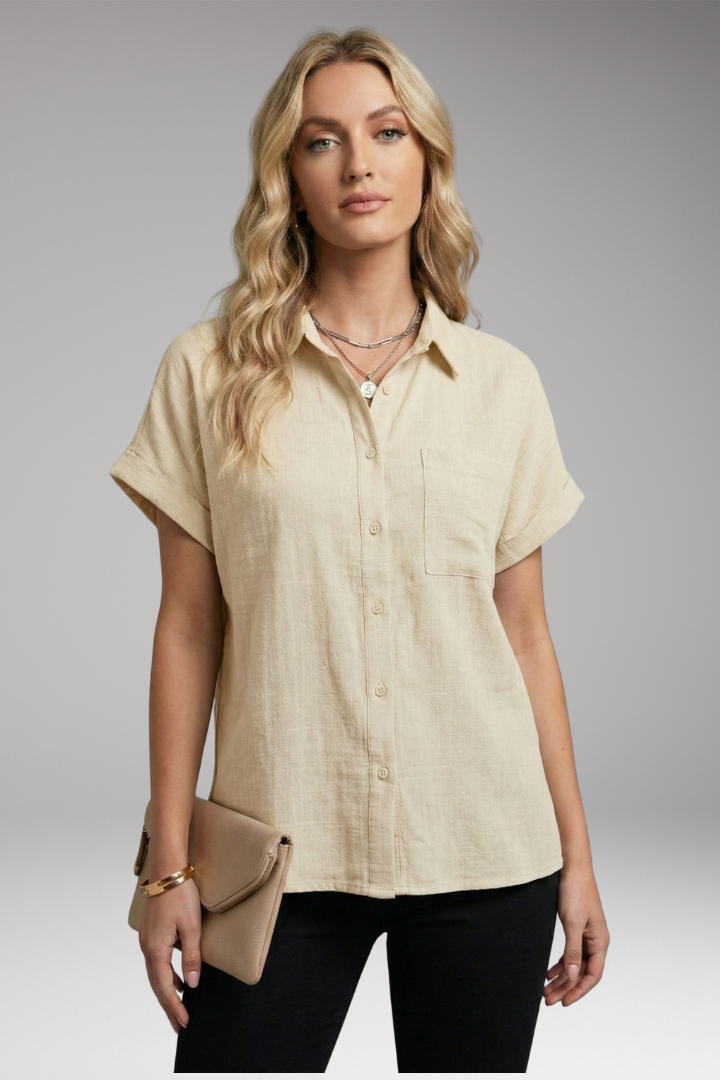 Women's Button-Down Blouse with Short Sleeves and Front Pocket