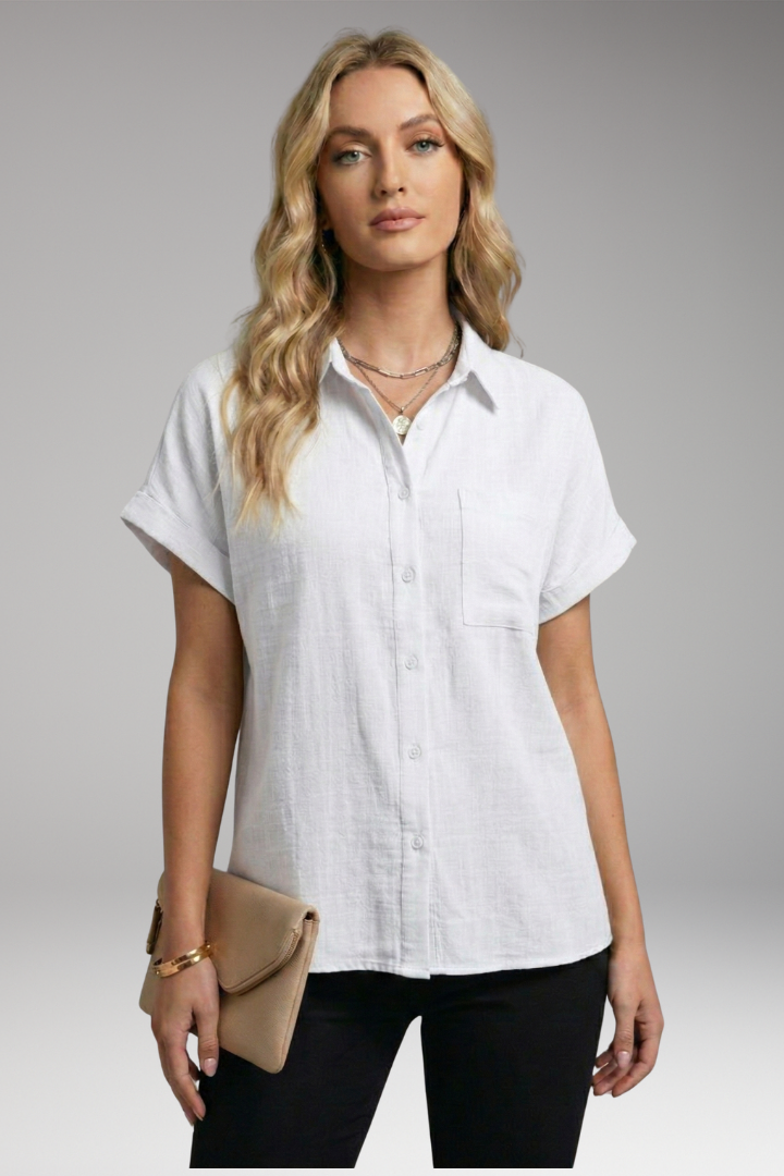 Women's Button-Down Blouse with Short Sleeves and Front Pocket