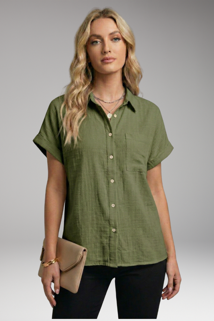 Women's Button-Down Blouse with Short Sleeves and Front Pocket