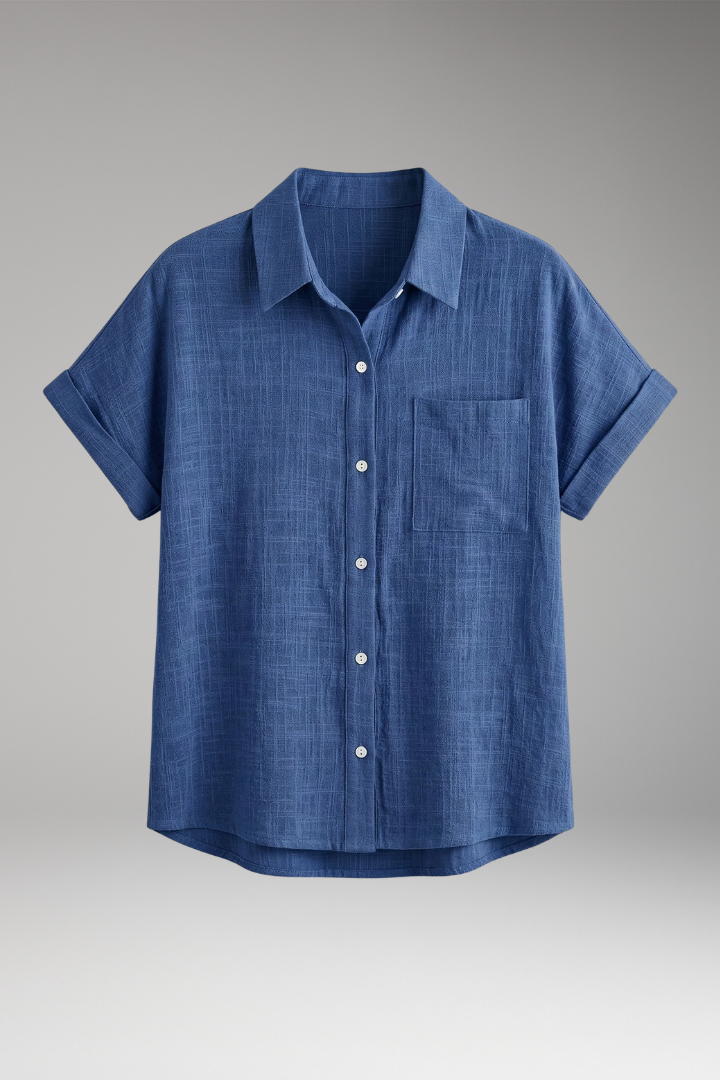 Women's Button-Down Blouse with Short Sleeves and Front Pocket