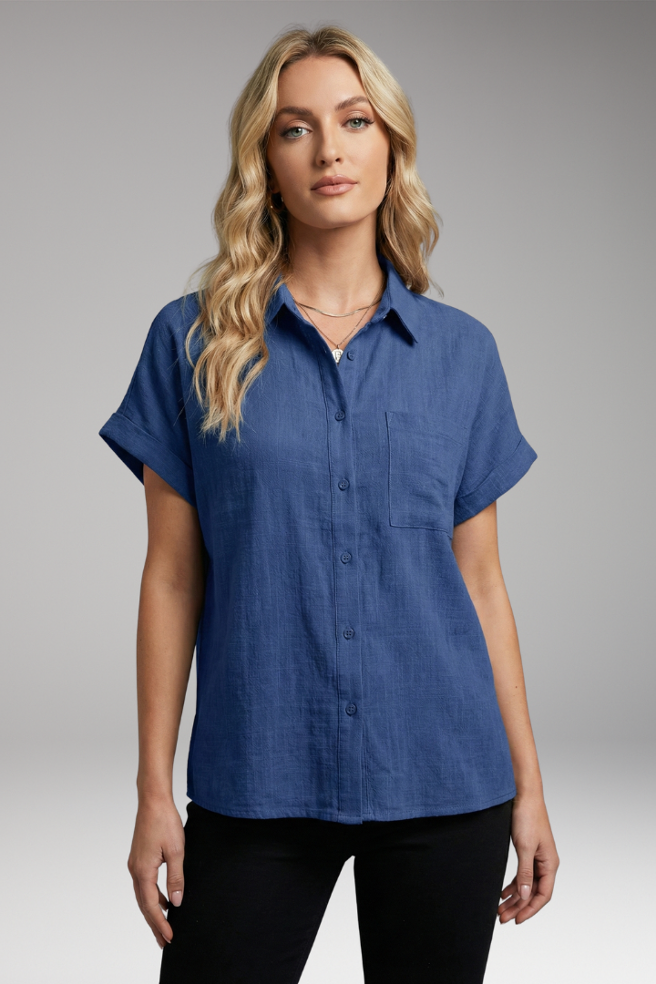 Women's Button-Down Blouse with Short Sleeves and Front Pocket