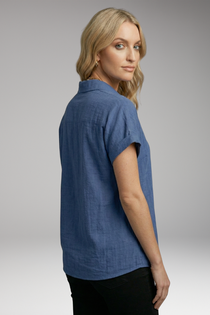 Women's Button-Down Blouse with Short Sleeves and Front Pocket