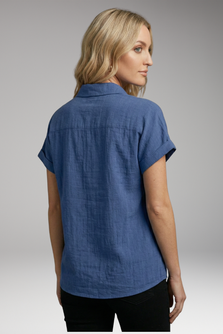 Women's Button-Down Blouse with Short Sleeves and Front Pocket