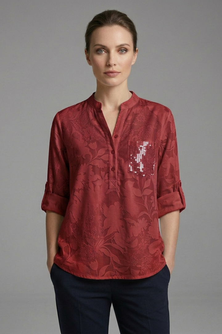 Women's Button-Down Blouse with Stand-Up Collar and Front Pocket