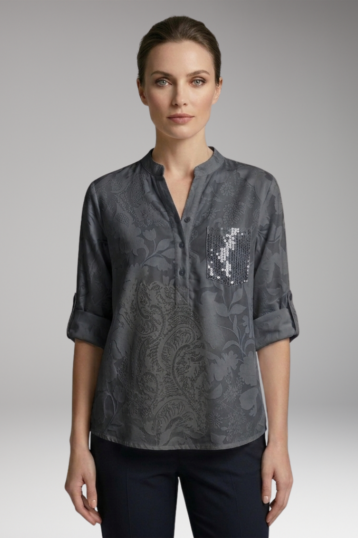 Women's Button-Down Blouse with Stand-Up Collar and Front Pocket
