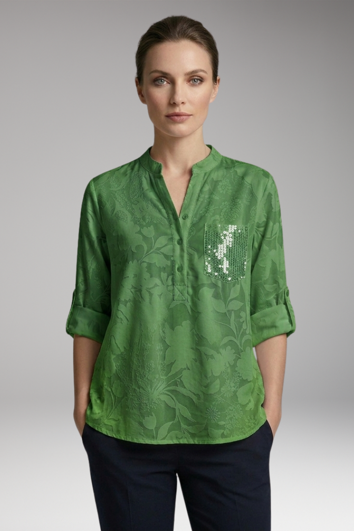 Women's Button-Down Blouse with Stand-Up Collar and Front Pocket
