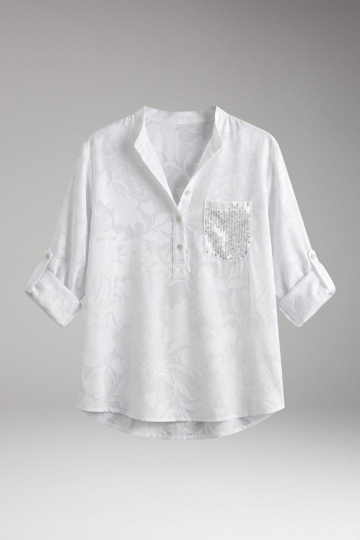 Women's Button-Down Blouse with Stand-Up Collar and Front Pocket