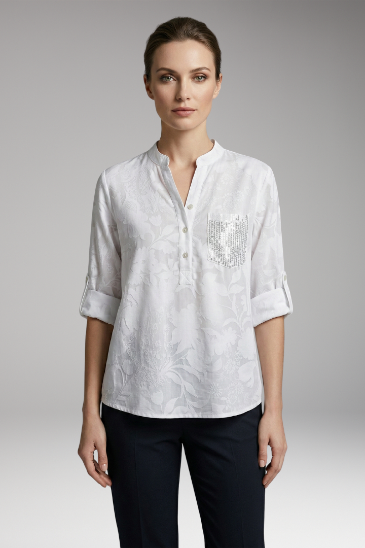 Women's Button-Down Blouse with Stand-Up Collar and Front Pocket