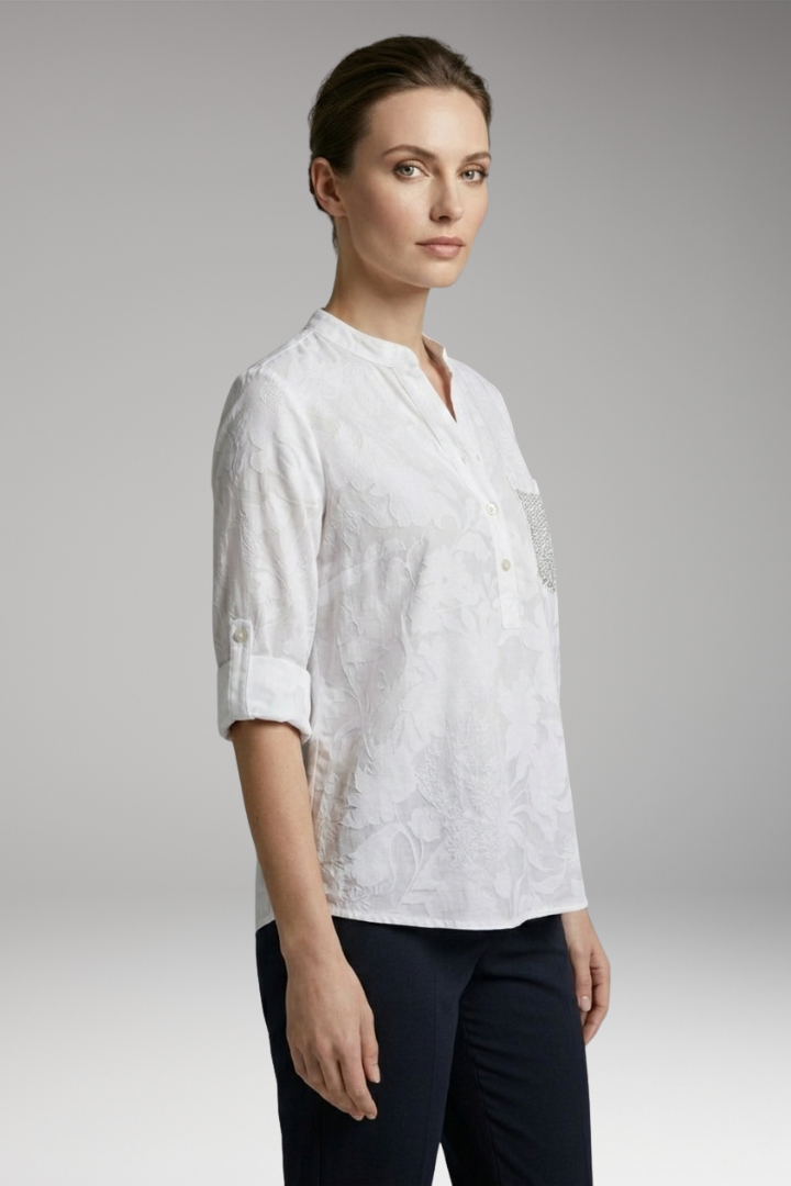 Women's Button-Down Blouse with Stand-Up Collar and Front Pocket