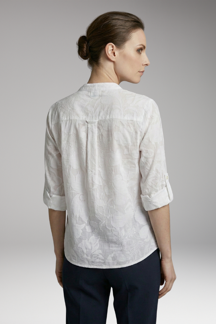 Women's Button-Down Blouse with Stand-Up Collar and Front Pocket