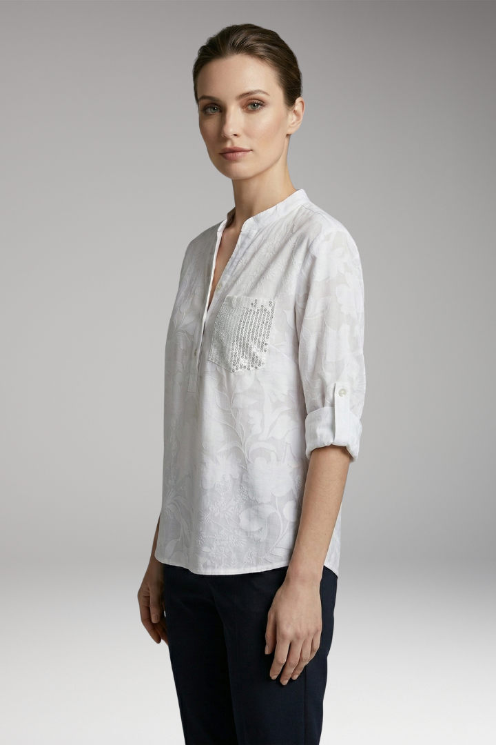 Women's Button-Down Blouse with Stand-Up Collar and Front Pocket