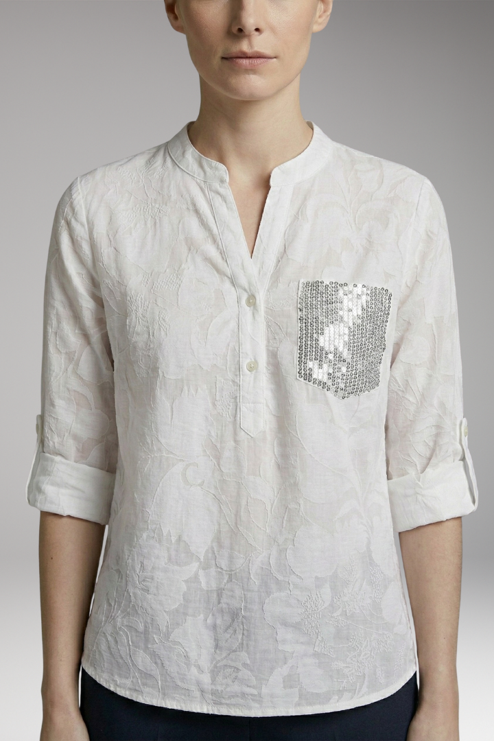 Women's Button-Down Blouse with Stand-Up Collar and Front Pocket