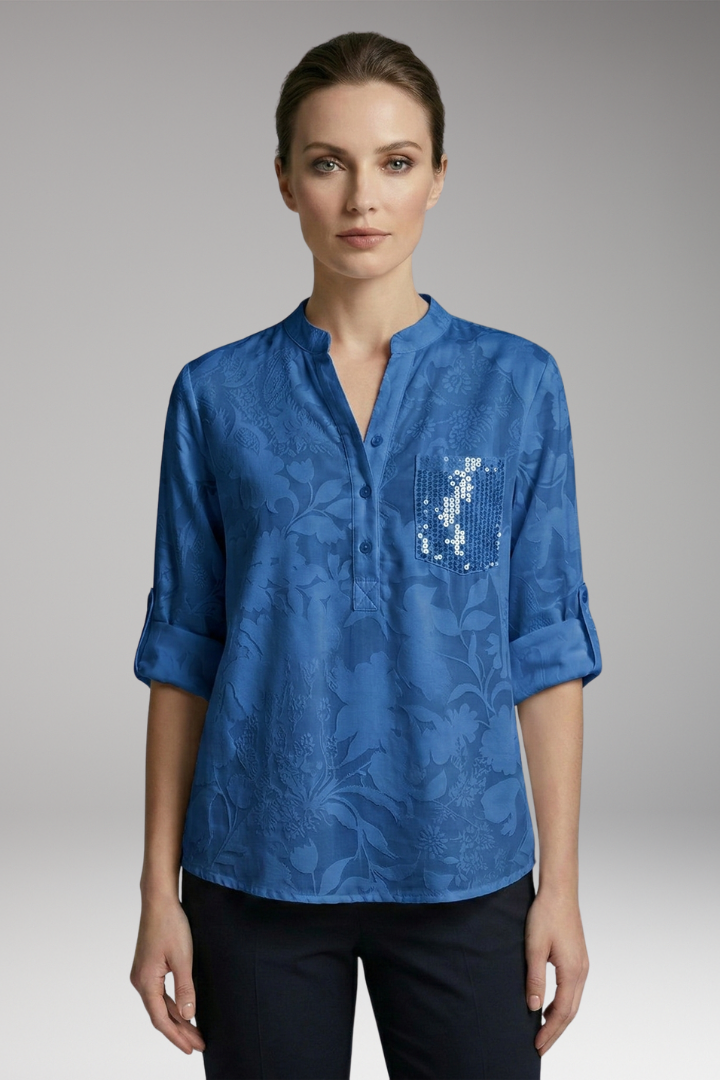 Women's Button-Down Blouse with Stand-Up Collar and Front Pocket