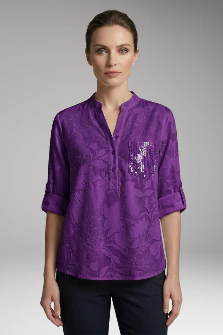 Women's Button-Down Blouse with Stand-Up Collar and Front Pocket