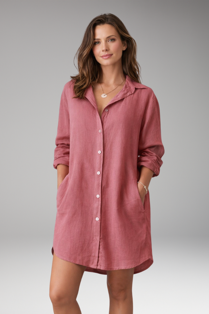 Women's Button-Down Shirt Dress with Long Sleeves and Pockets