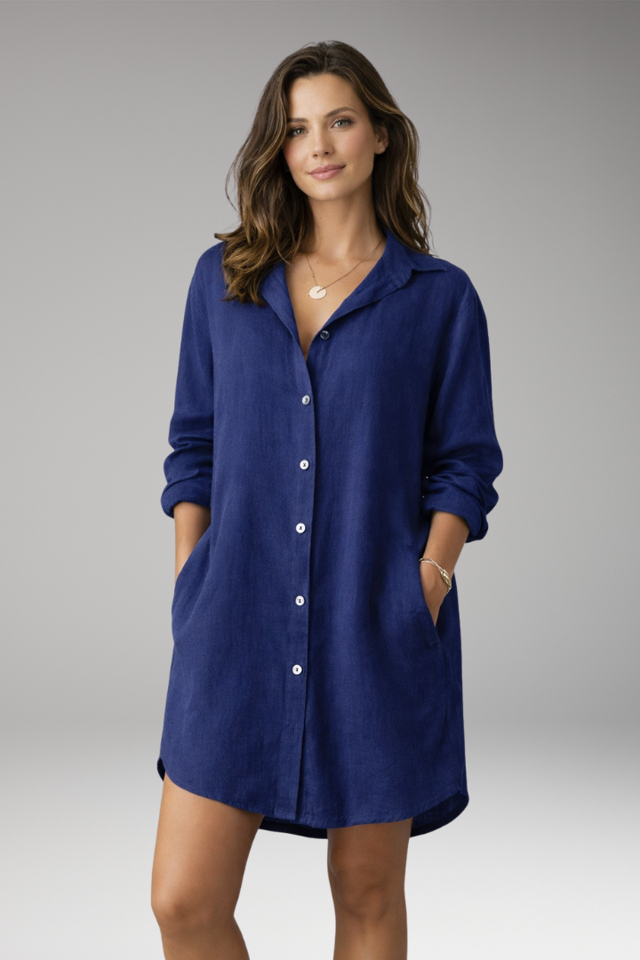 Women's Button-Down Shirt Dress with Long Sleeves and Pockets