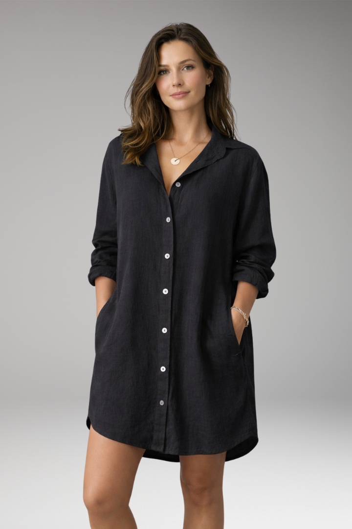 Women's Button-Down Shirt Dress with Long Sleeves and Pockets