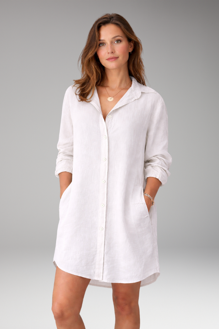 Women's Button-Down Shirt Dress with Long Sleeves and Pockets