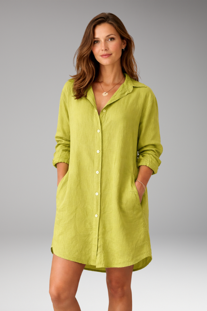 Women's Button-Down Shirt Dress with Long Sleeves and Pockets