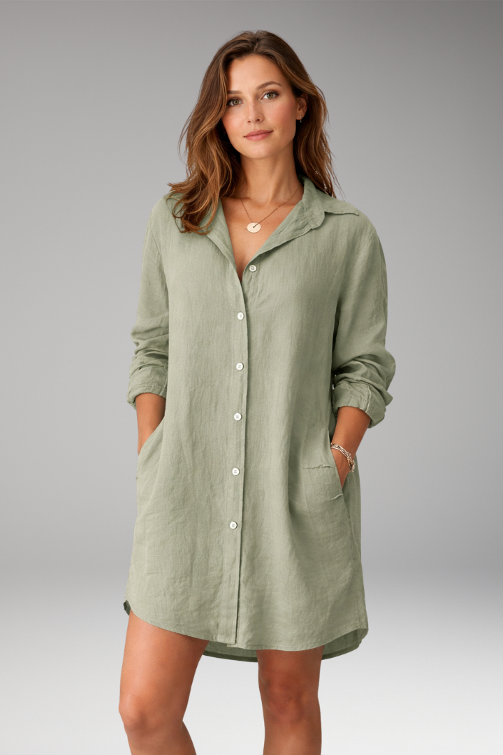 Women's Button-Down Shirt Dress with Long Sleeves and Pockets