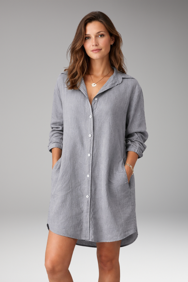 Women's Button-Down Shirt Dress with Long Sleeves and Pockets