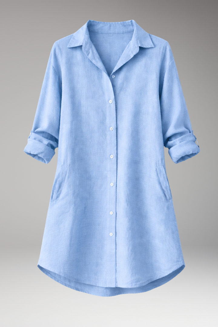 Women's Button-Down Shirt Dress with Long Sleeves and Pockets