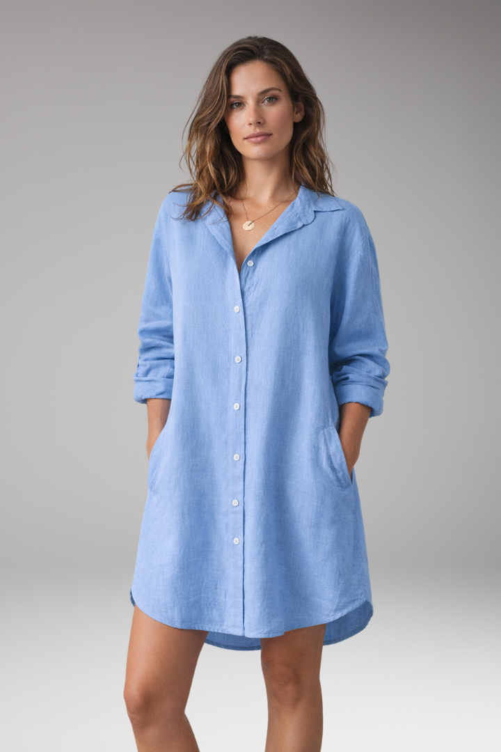 Women's Button-Down Shirt Dress with Long Sleeves and Pockets