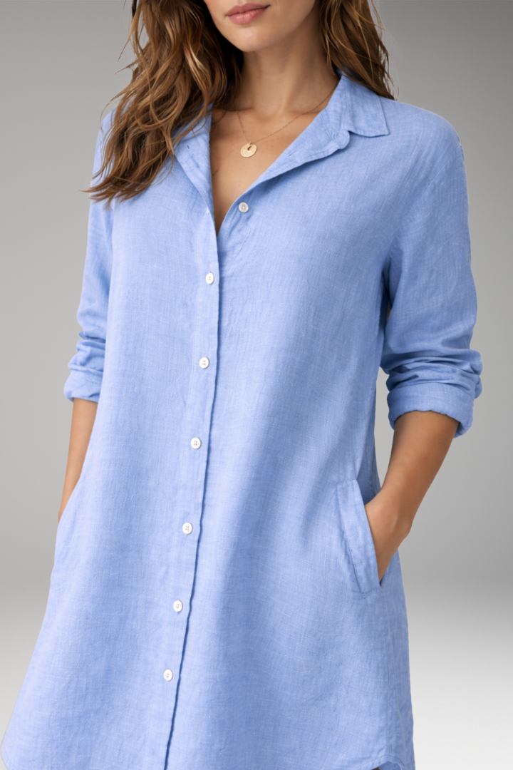 Women's Button-Down Shirt Dress with Long Sleeves and Pockets