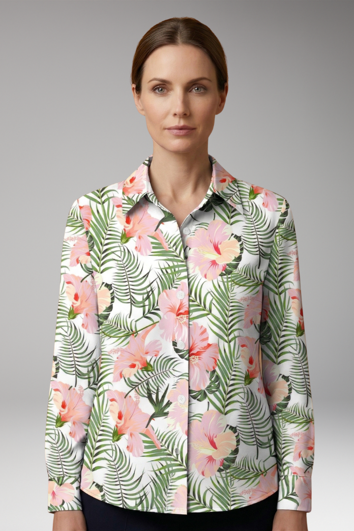 Women’s Button-Down Shirt with Floral Print and Long Sleeves