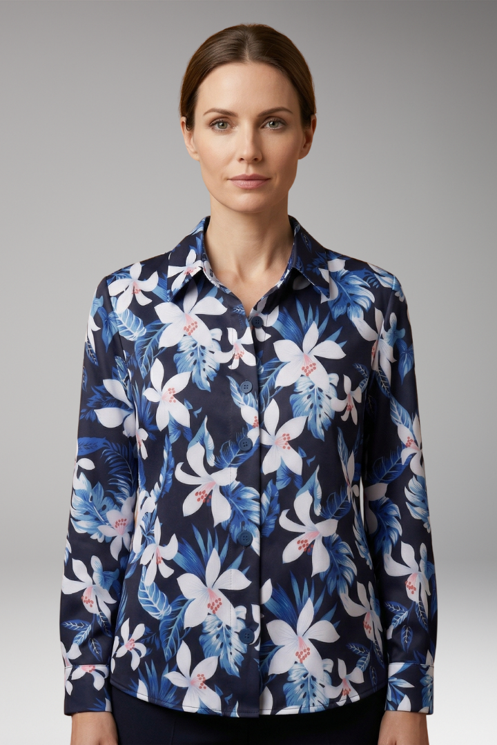 Women’s Button-Down Shirt with Floral Print and Long Sleeves