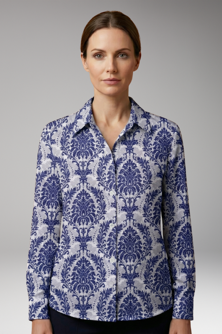 Women’s Button-Down Shirt with Floral Print and Long Sleeves