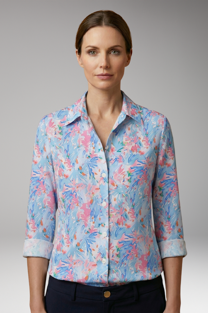 Women’s Button-Down Shirt with Floral Print and Long Sleeves