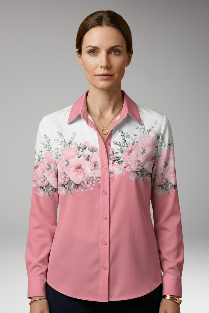 Women’s Button-Down Shirt with Floral Print and Long Sleeves