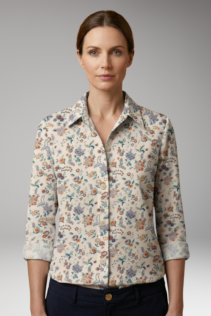 Women’s Button-Down Shirt with Floral Print and Long Sleeves