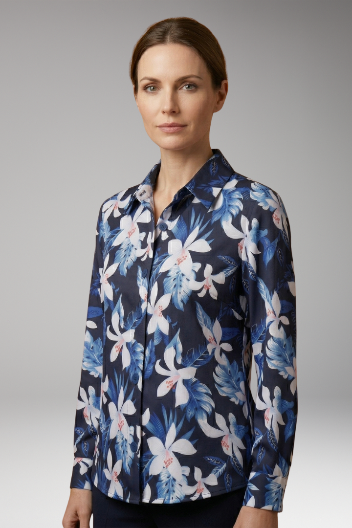 Women’s Button-Down Shirt with Floral Print and Long Sleeves