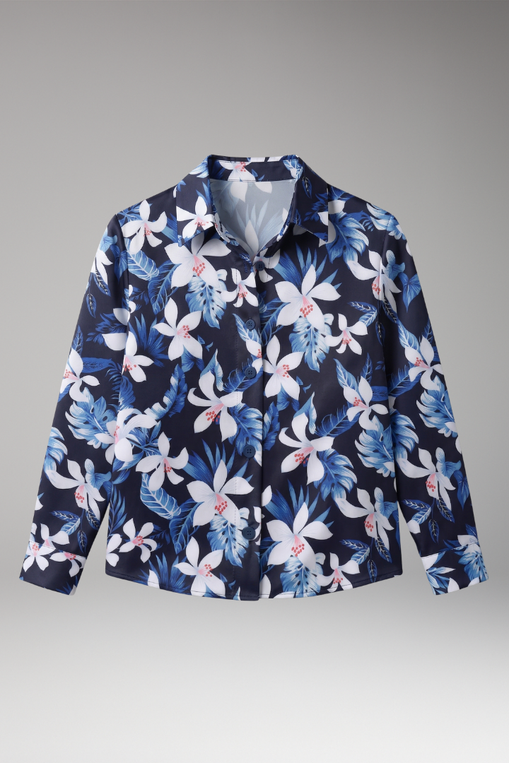 Women’s Button-Down Shirt with Floral Print and Long Sleeves