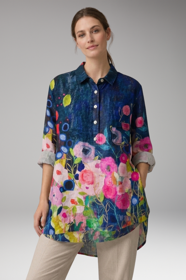 Women’s Button-Down Shirt with Floral Print and Rolled Sleeves