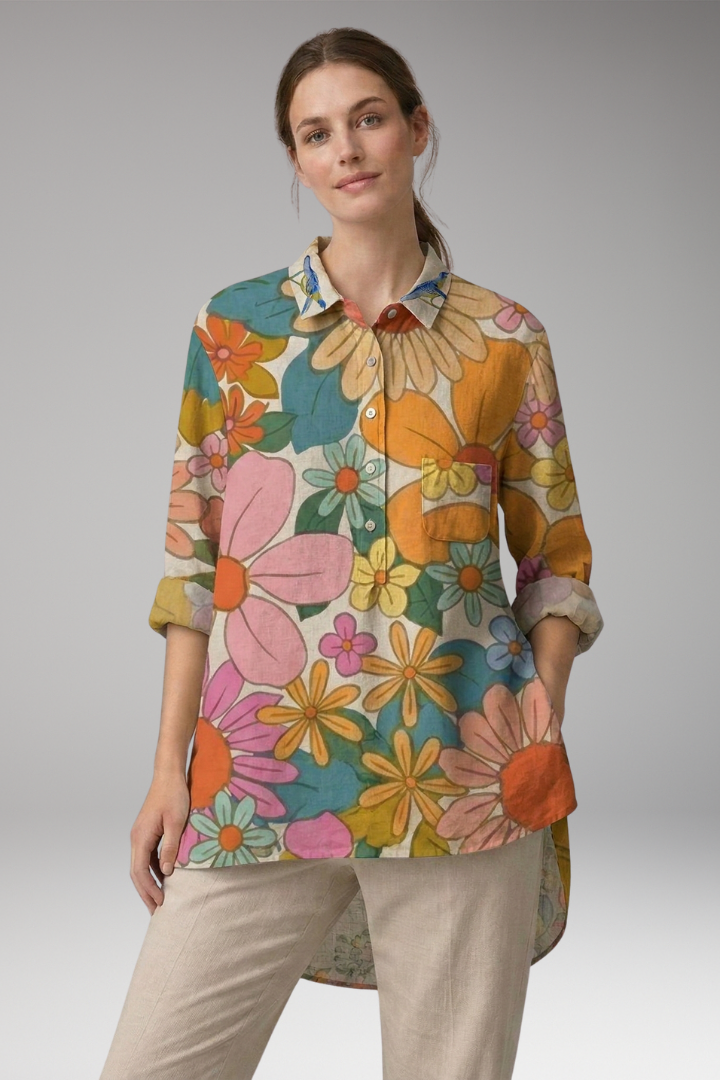 Women’s Button-Down Shirt with Floral Print and Rolled Sleeves